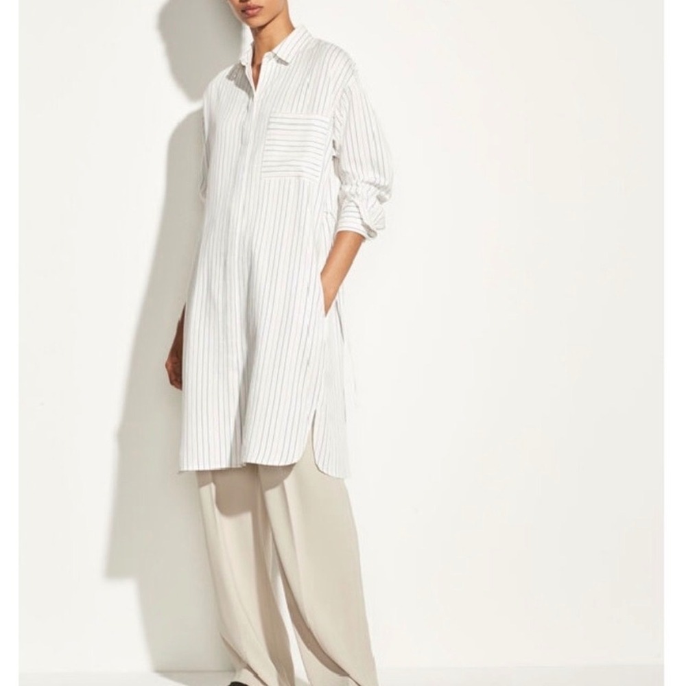 Vince‎ Oversized Shirt Dress Womens Large White Striped Longline Viscose Pockets
